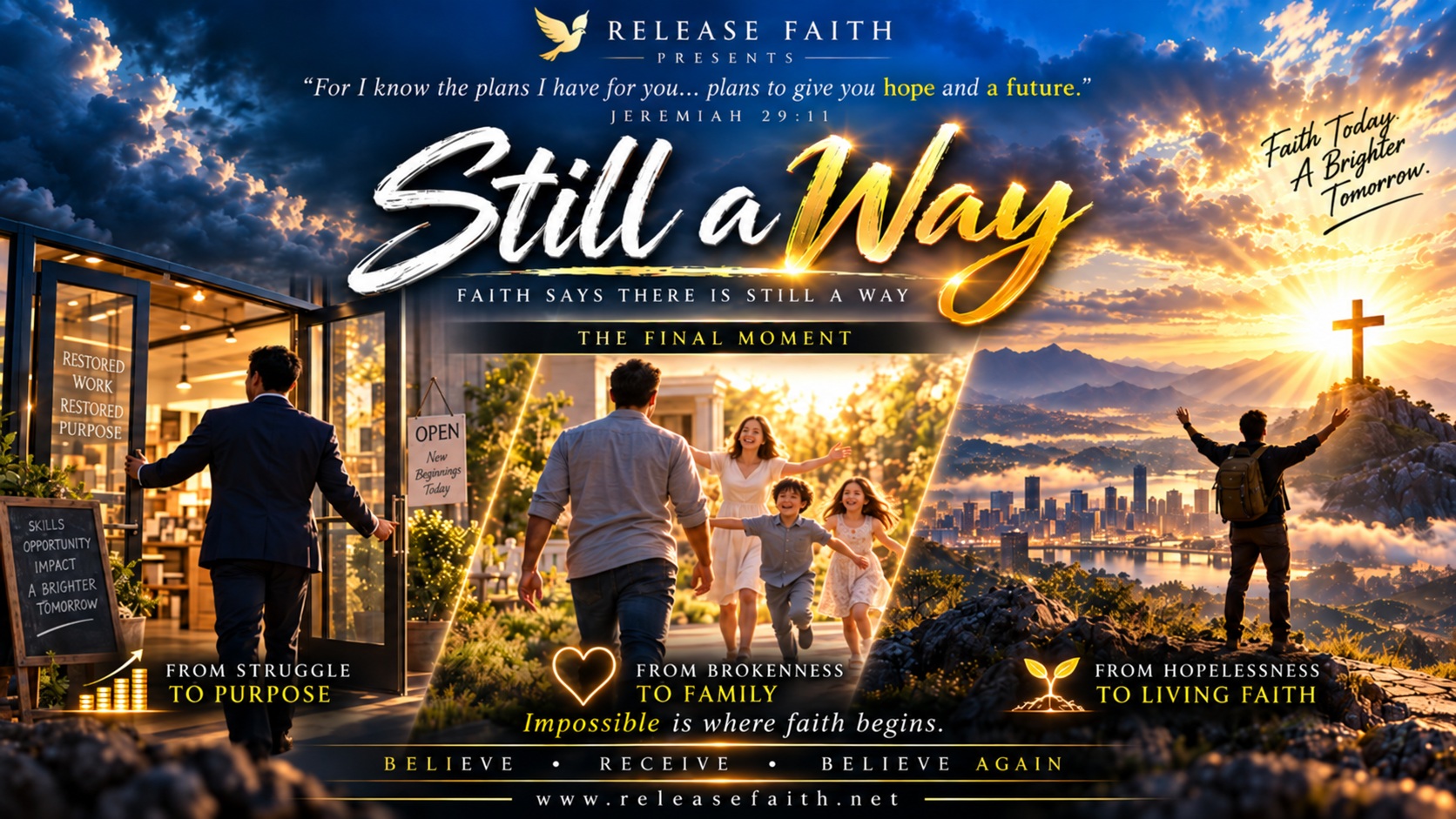 Still A Way — restored work, a reunited family, and a figure with arms raised at the cross