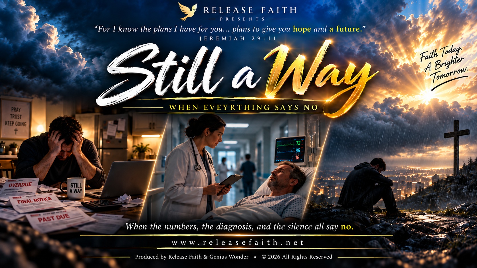 Still A Way — a man overwhelmed by bills, a hospital patient, and a figure by the cross