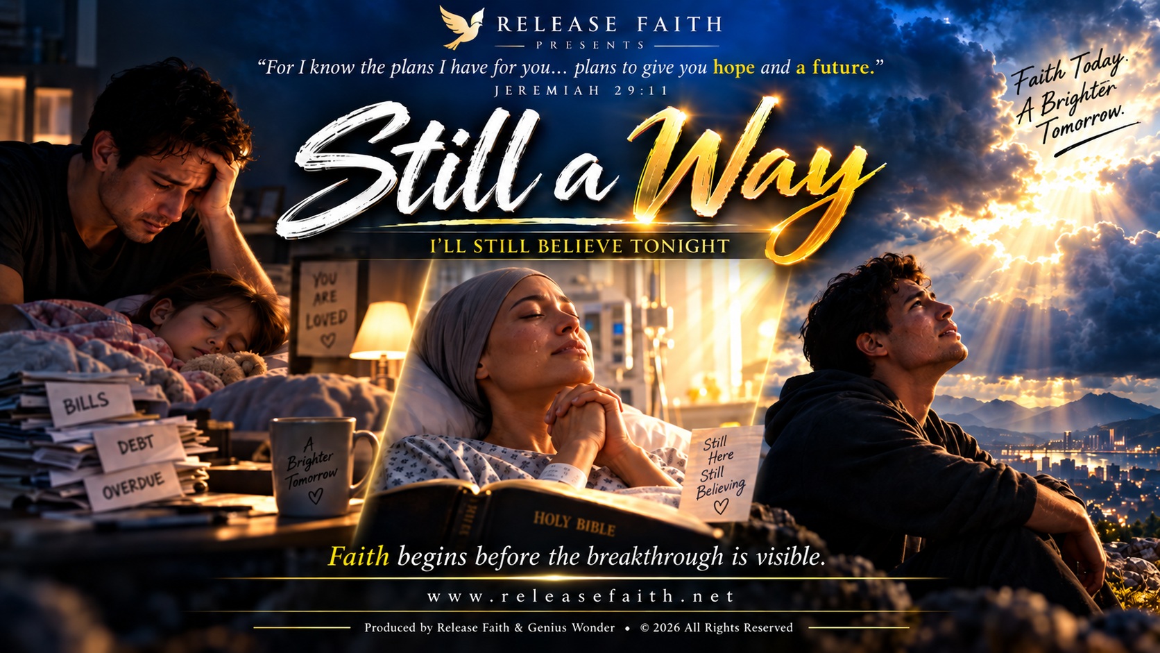 Still A Way — a father and child, a praying woman, and a young man looking up in hope